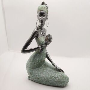 African Woman Figurine 9" Kneeling Hoop Earrings Turtle King Giovanni Collection